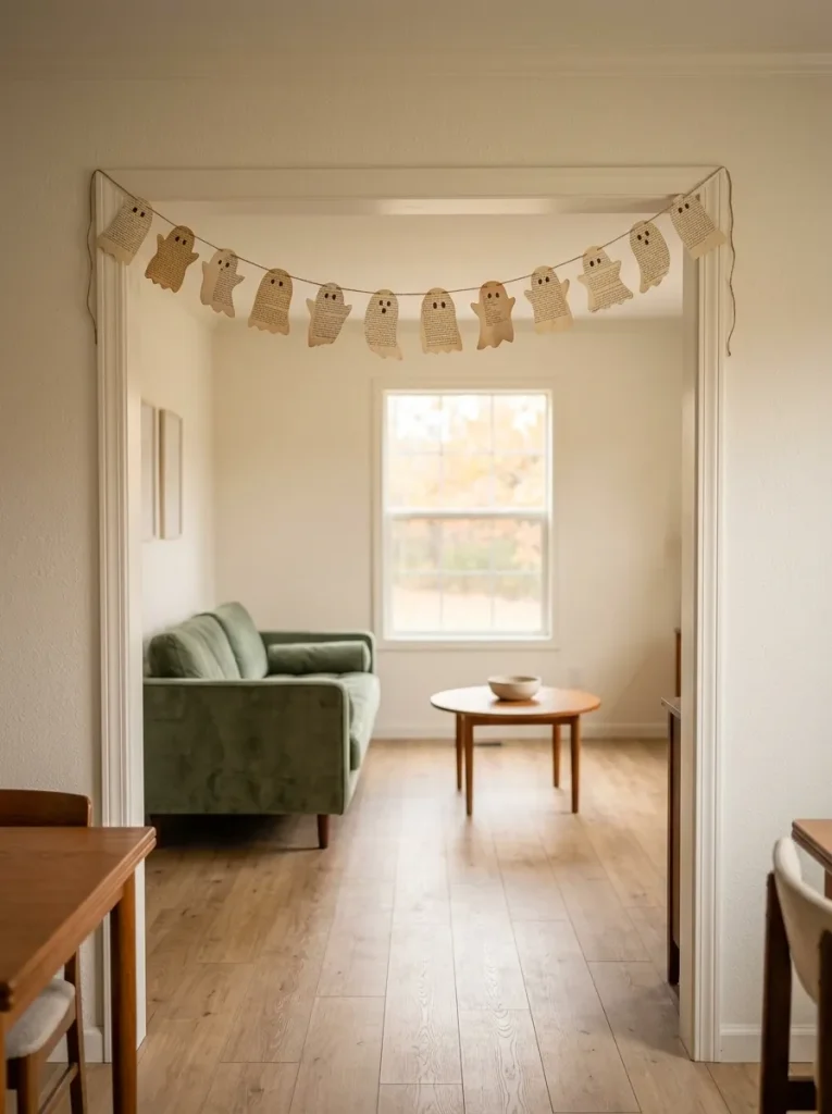 Handmade book-page ghost garland spanning a short opening inside a small mobile home.