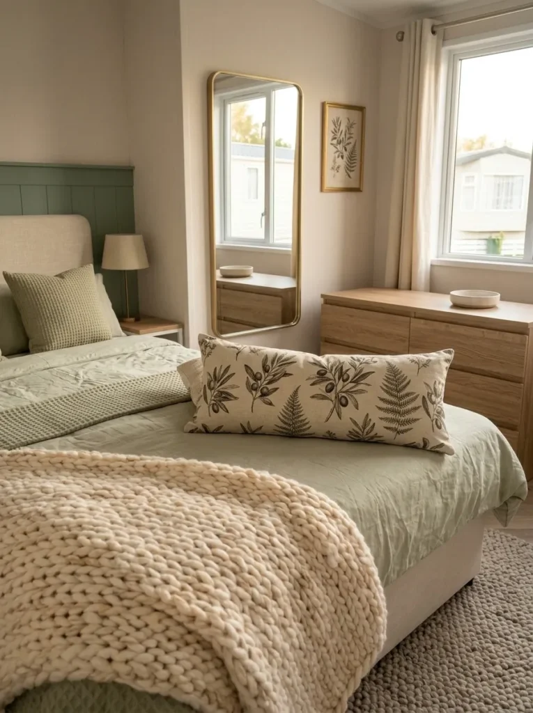 Single botanical pattern on a lumbar pillow adds character to an otherwise solid, cozy mobile home bedroom.