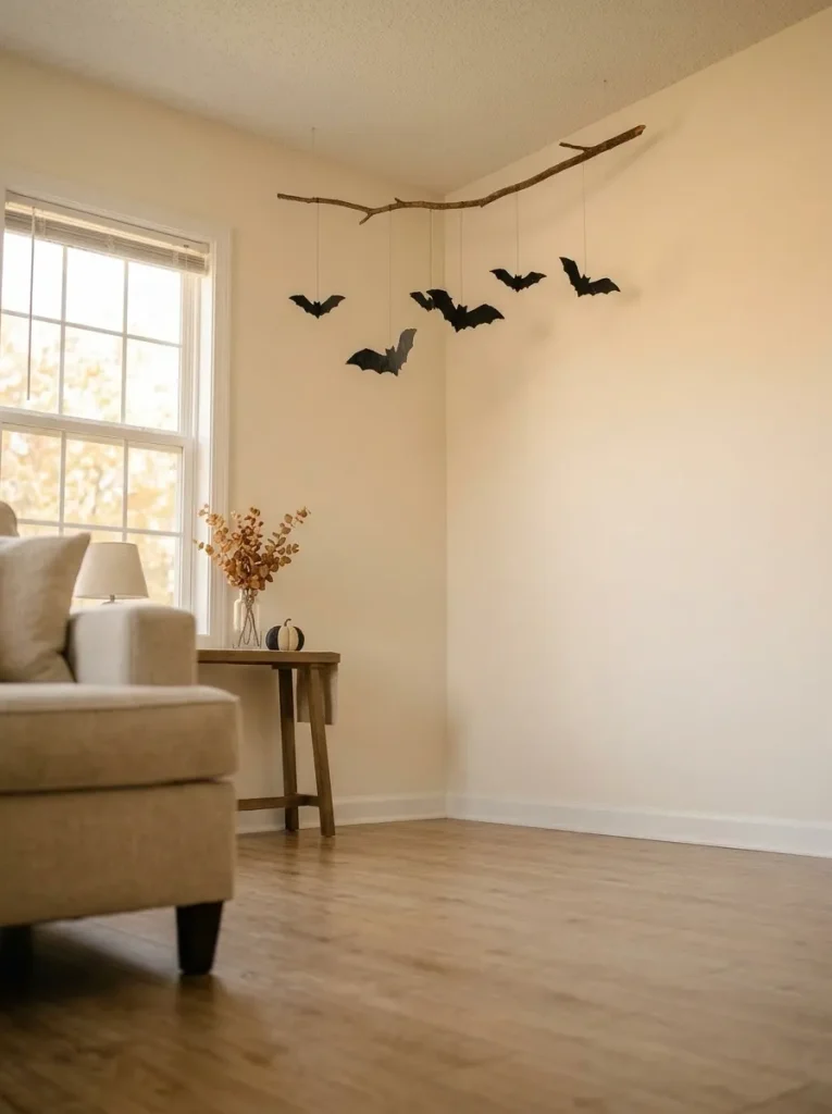 Shallow DIY branch bat mobile hanging high in an unused corner of a small mobile home living room.
