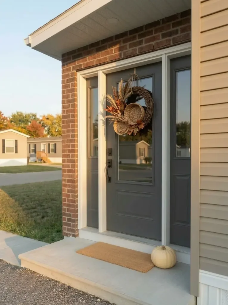 Brick mobile home front door surround softened with a grapevine fall wreath, dried grasses and woven textures.