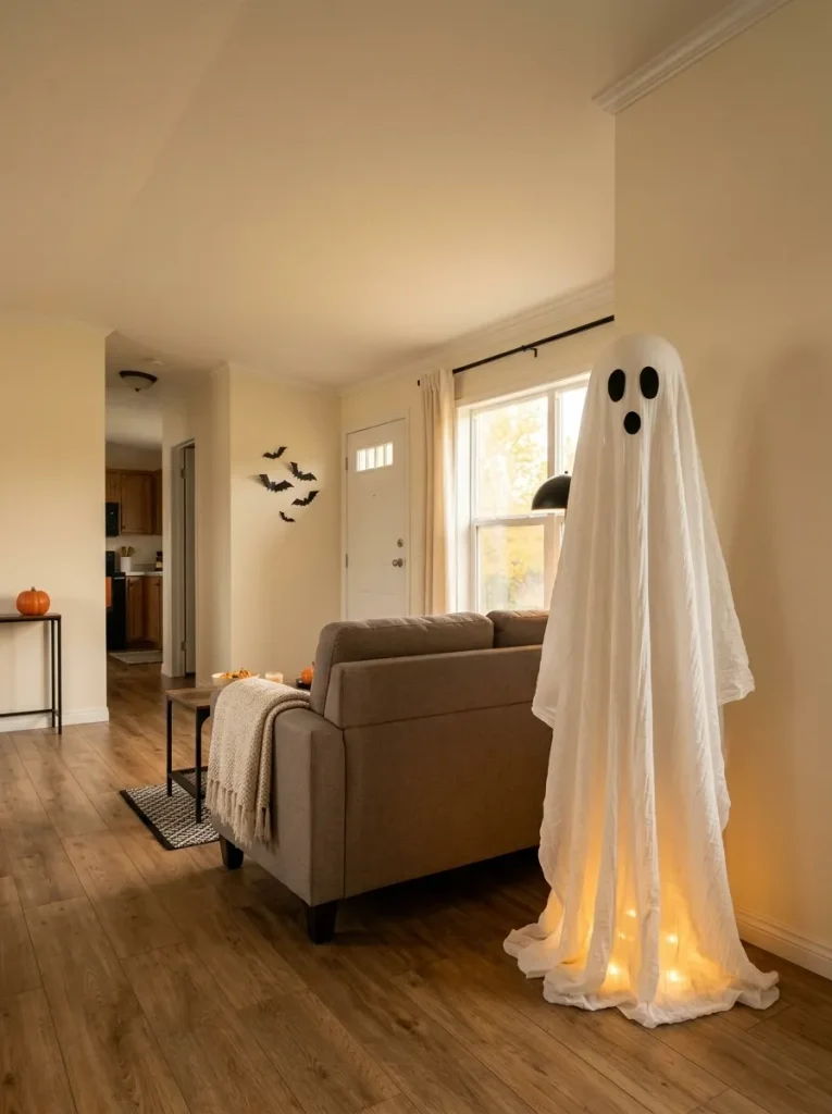 Compact mobile home living room using one large fabric ghost as the main Halloween focal point with minimal supporting décor.