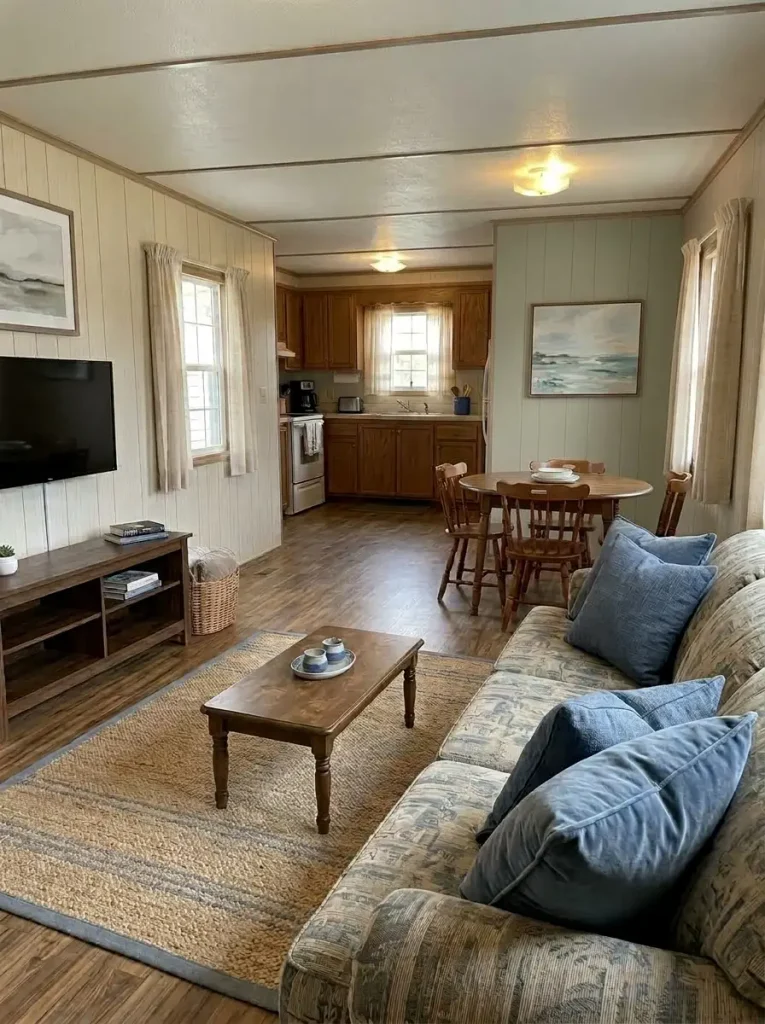 Mobile home living room refreshed by painting one high-impact wall while leaving the remaining walls unchanged.