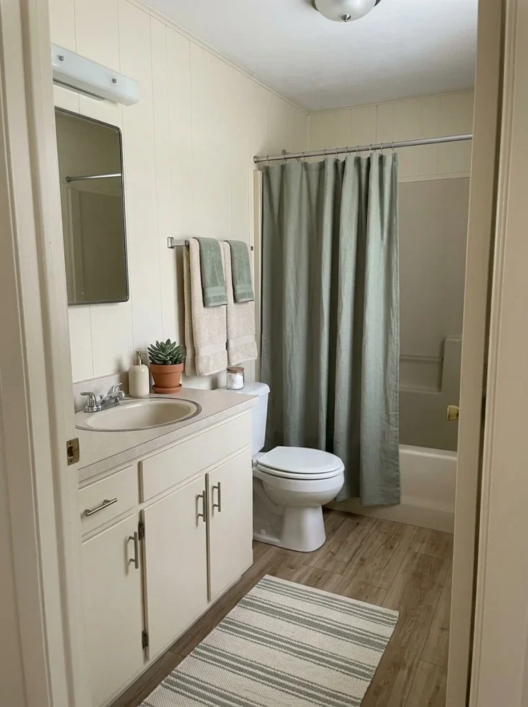 Mobile home bathroom refreshed on a budget with coordinated towels, shower curtain and bath mat while existing fixtures remain.