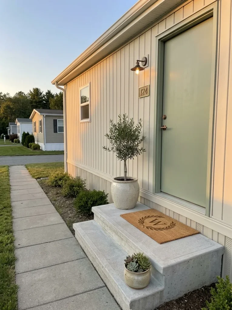 Budget mobile home front steps improved with a clean doormat, simple planters and an unobstructed path to the door.