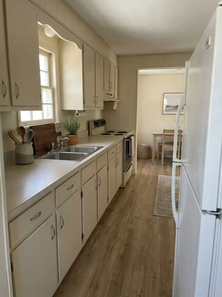 Existing mobile home kitchen with mostly clear counters and one simple styled focal zone beside the work area.