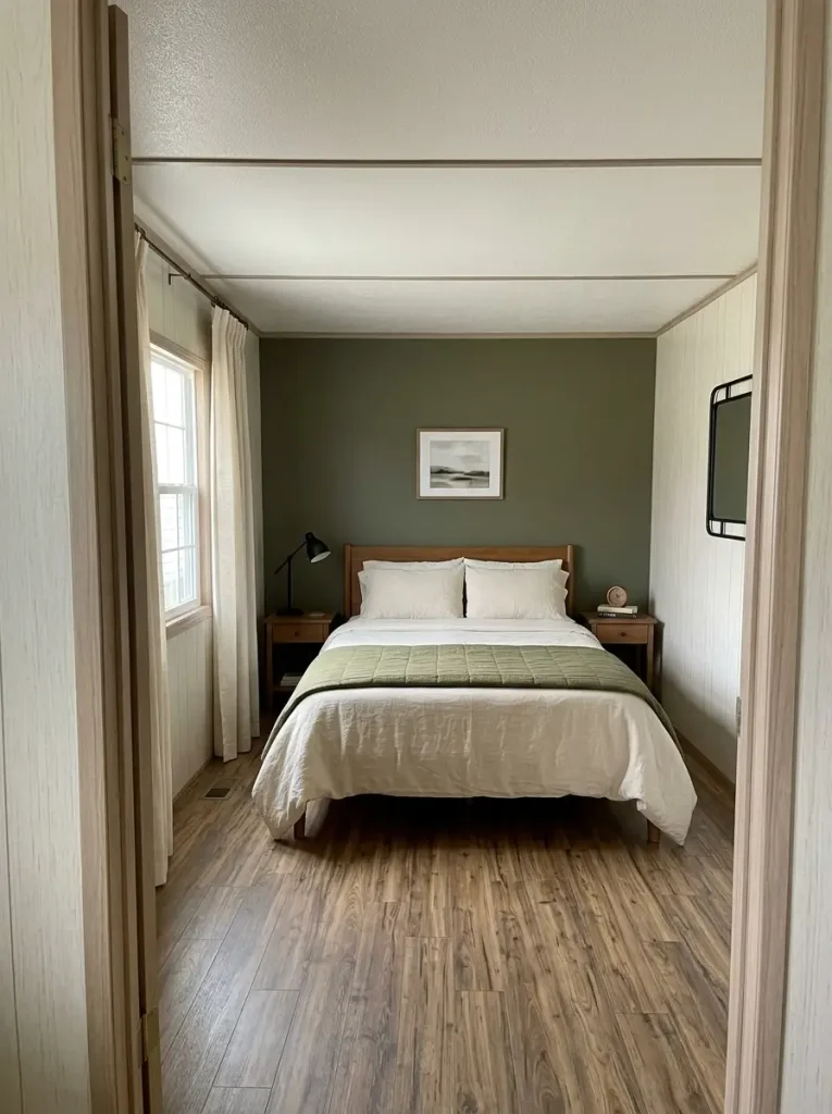 Existing mobile home sofa refreshed on a budget with washable throw blankets and coordinated pillows.