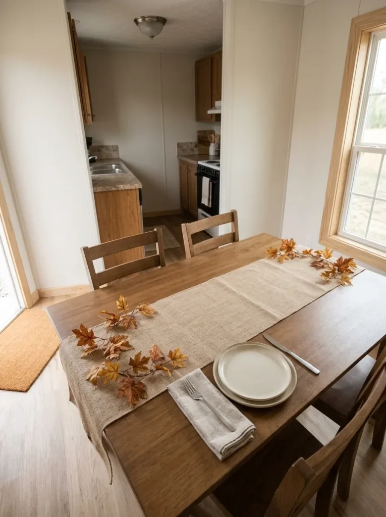 Moving seasonal detail to the runner's edges keeps the table functional while still framing the dining area with autumn color.