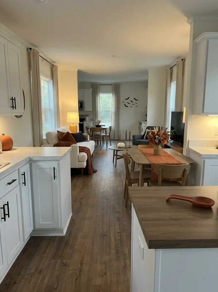 Connected mobile-home rooms repeat one burnt-pumpkin color through velvet, matte ceramic, washed cotton, and dried foliage.