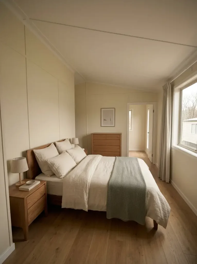Buttercream mobile home bedroom brightened by soft daylight with cream bedding and warm wood furniture.