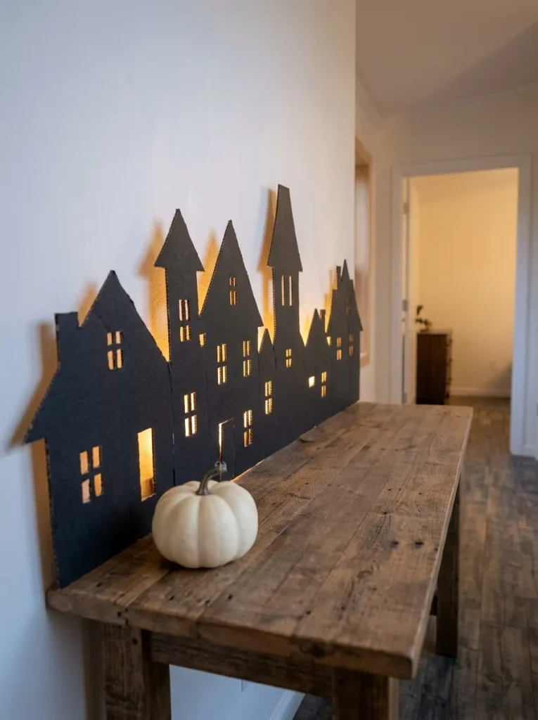Slim DIY cardboard haunted-house backdrop on a shallow console in a small mobile home living room.