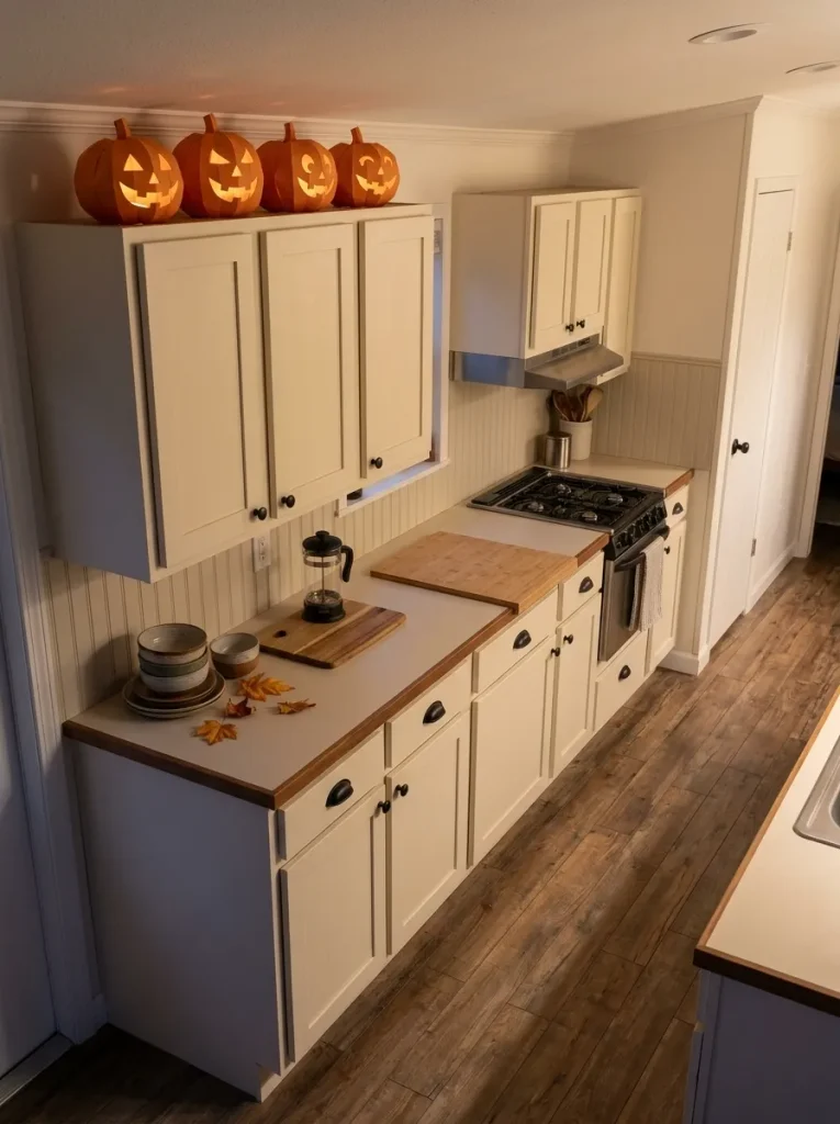 A small group of lightweight paper pumpkins uses the cabinet-top gap while keeping the kitchen counters free for everyday work.