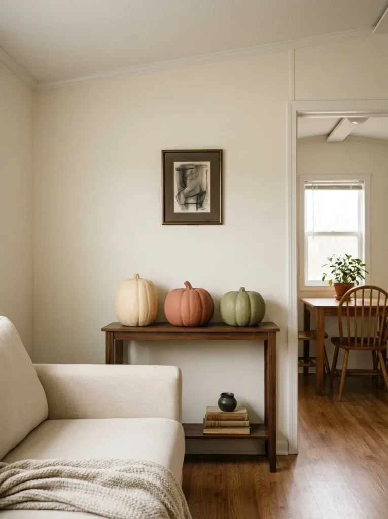 Matte ivory, terracotta, and olive foam pumpkins styled on a narrow console in a small mobile home living room.