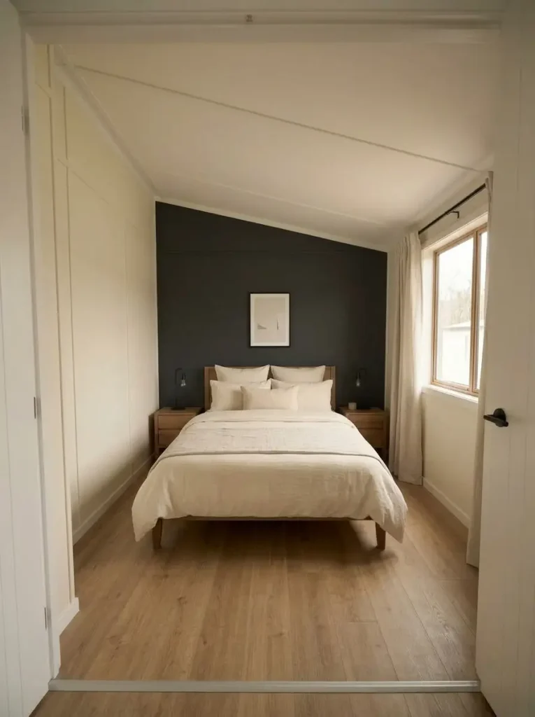 Charcoal focal wall behind a cream bed in a bright compact mobile home bedroom.