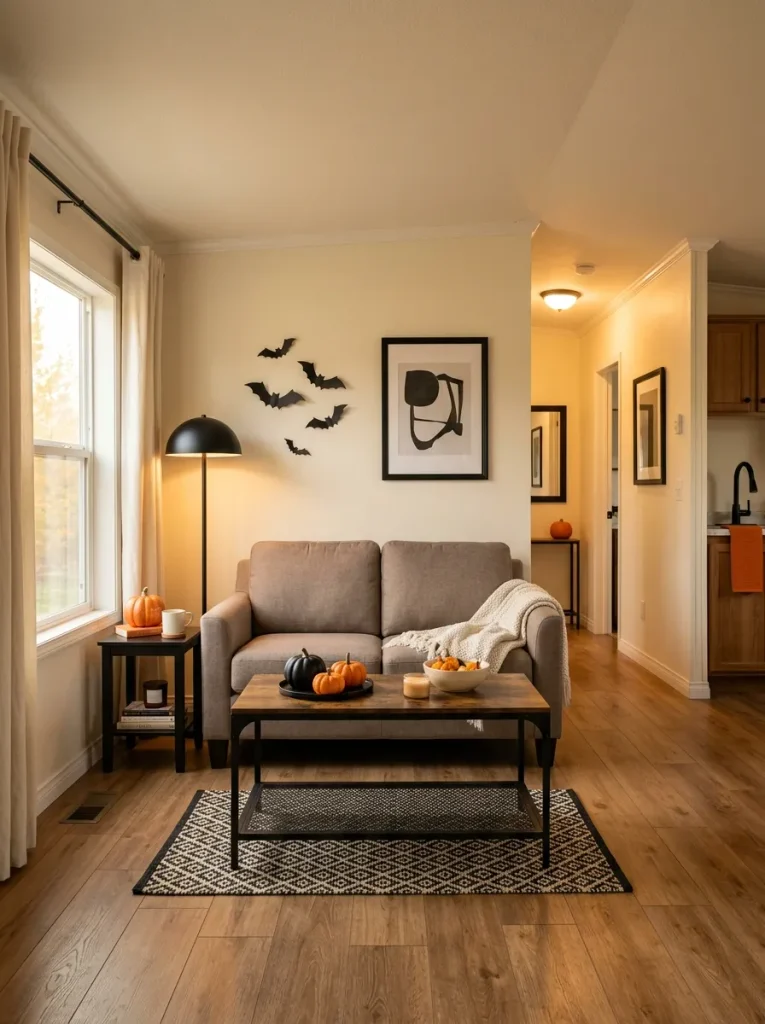 Mobile home living room decorated with a coordinated ivory, black and pumpkin-orange Halloween palette across connected spaces.