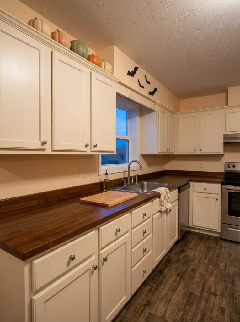 Compact mobile home kitchen with Halloween décor concentrated above the cabinets while the worktop stays clear.