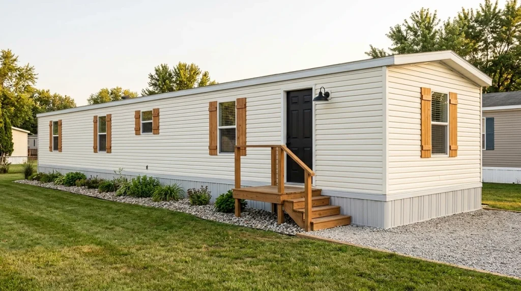 Cheap mobile home upgrades with refreshed siding, wood shutters, black front door, porch, skirting, and simple landscaping.