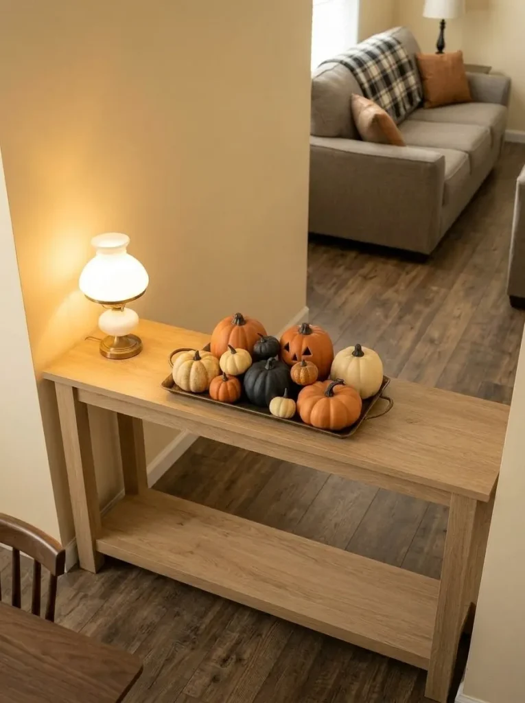 Mixed inexpensive pumpkins unified with matte orange, ivory and black finishes in a mobile home living room grouping.