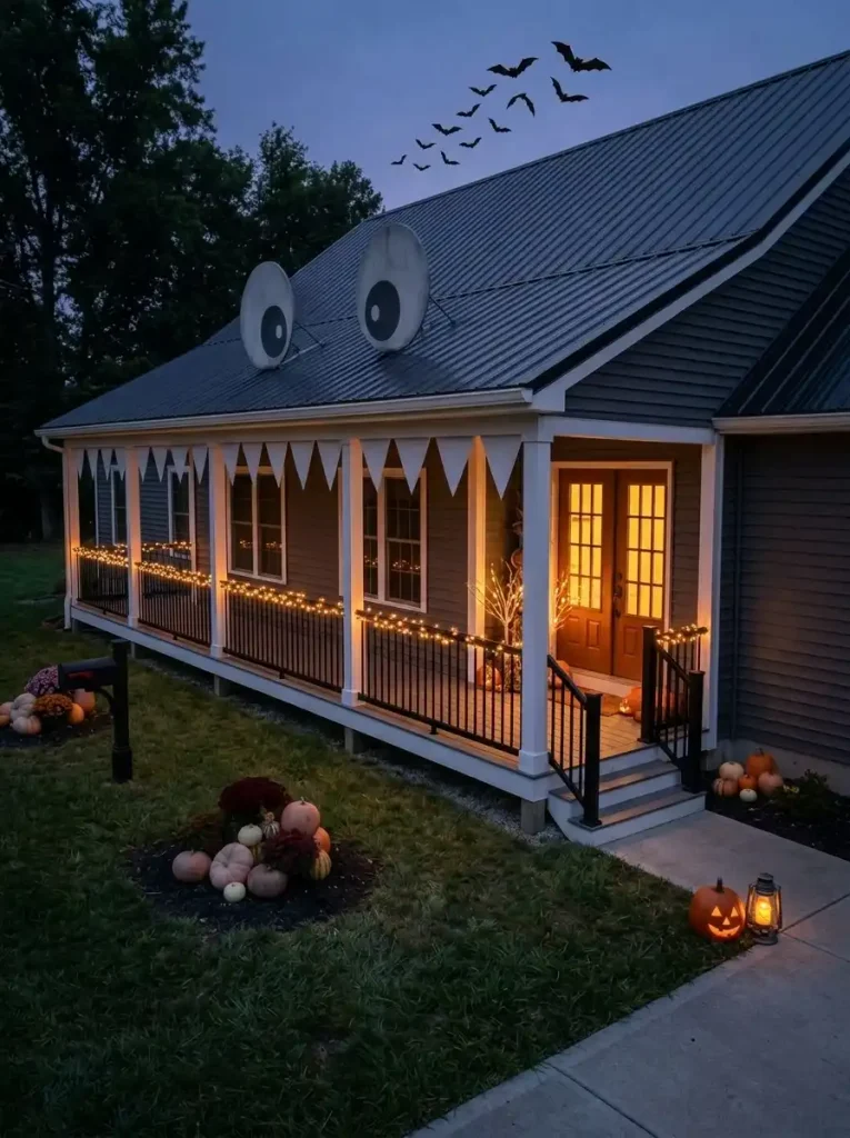 Finished classy Halloween double wide exterior at dusk with restrained pumpkins, branches, bats, warm lights and generous negative space.