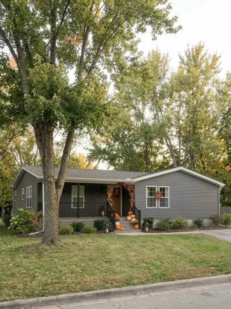 Charcoal double-wide mobile home styled with coordinated black, ivory, muted orange and burgundy Halloween exterior decorations.