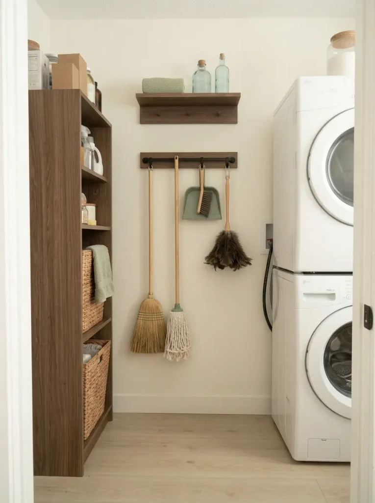 Cleaning tools grouped on one wall rail beside a compact mobile home laundry area with the surrounding floor left clear.