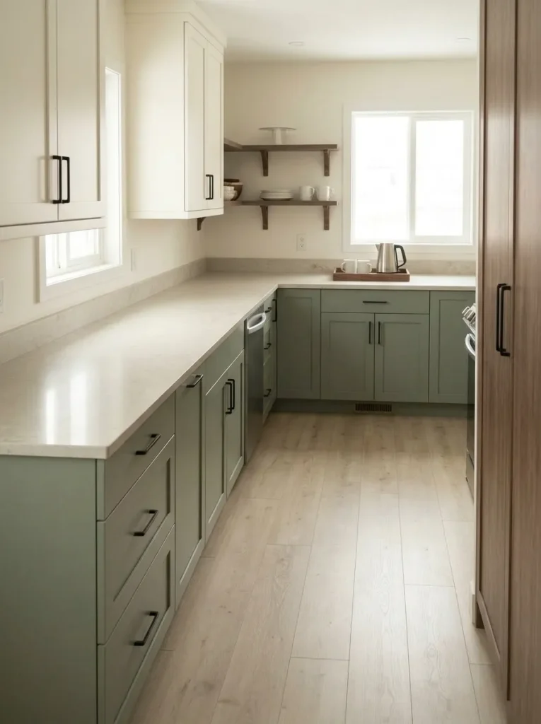 Small mobile home kitchen with one compact daily-use counter zone while most of the countertop remains open for food preparation.