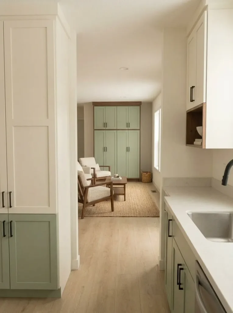 Mobile home living room using one closed storage cabinet instead of several scattered bins, leaving the long room visually calmer.