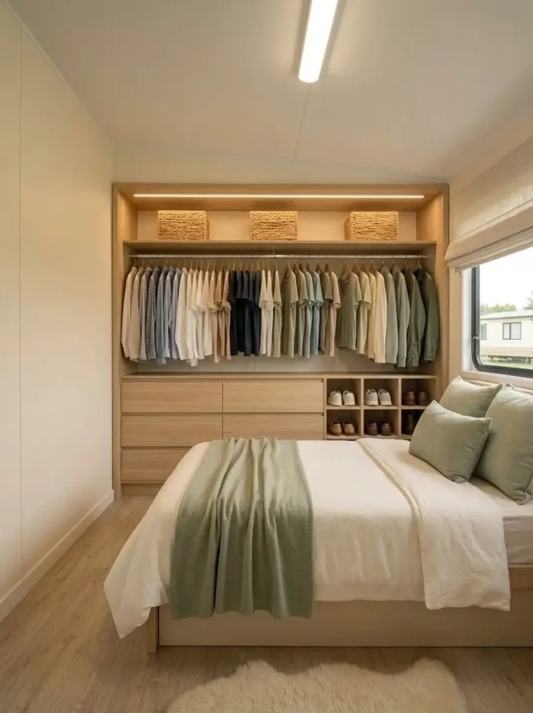 Organized clothing wall with rail, shelf and drawers in a small mobile home bedroom without a built-in closet.