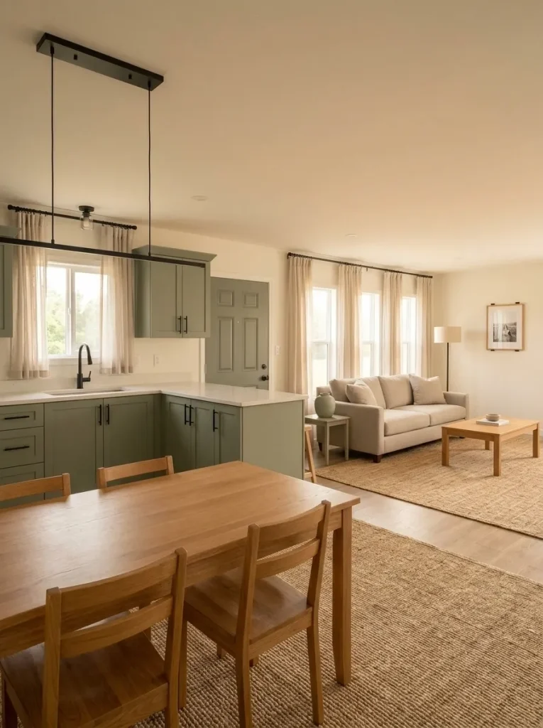 Repeated sage and natural wood finishes visually connect the kitchen, dining and living areas of a mobile home.