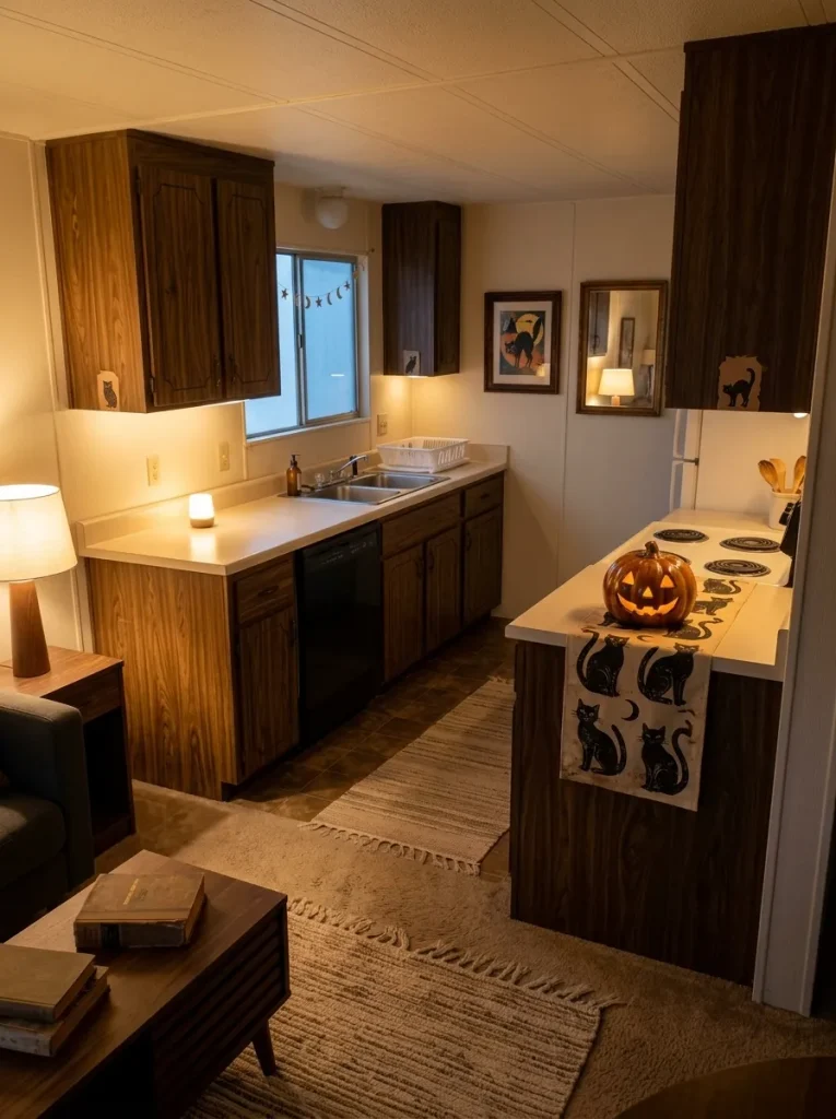 The finished scheme leaves enough quiet space for the older home itself to remain part of the Halloween design.
