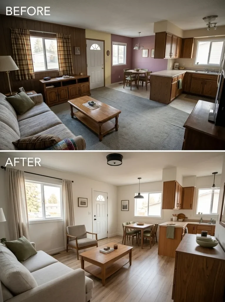 Wide overview of a completed single-wide makeover showing repeated warm white, natural wood, charcoal, and muted green finishes across connected rooms.