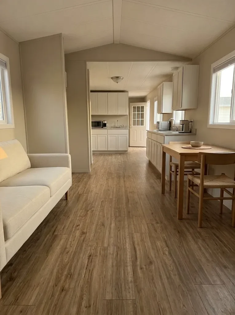 Continuous oak-look flooring visually connects the living, dining, and kitchen areas of an open mobile home.
