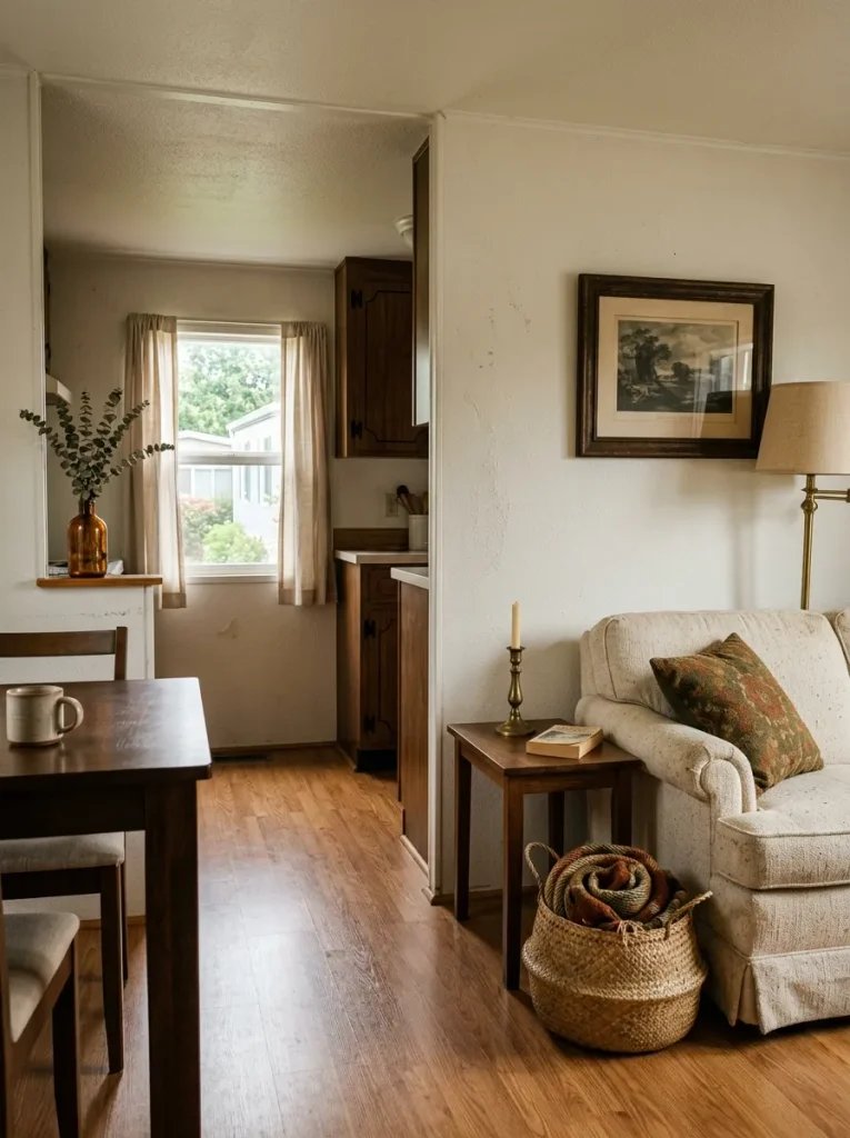 Four coordinated thrifted materials—aged wood, brass, woven fiber and amber glass—styled in a compact mobile home living room.