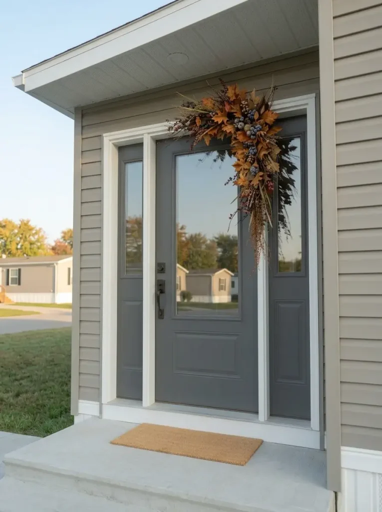 Asymmetrical fall swag on the upper corner of a mobile home front door with a clear compact stoop.