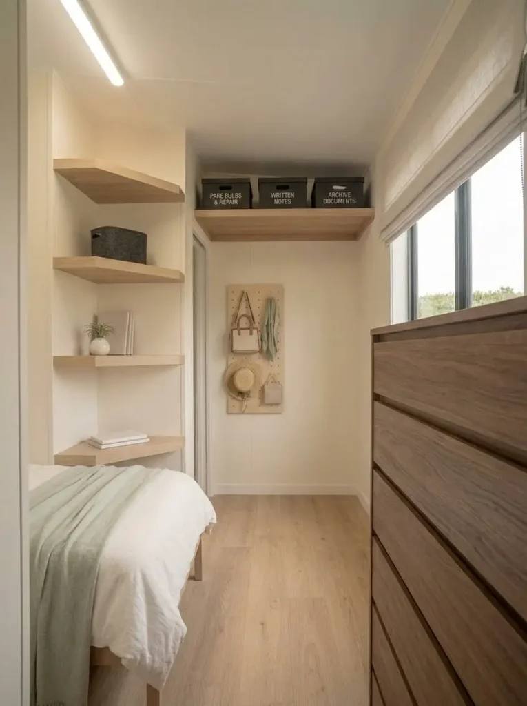 Shallow floating corner shelves using an awkward wall gap without taking floor space in a small mobile home bedroom.