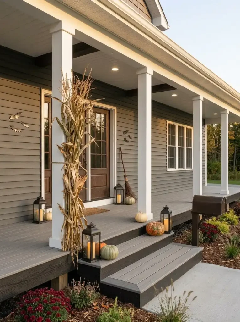 Two porch posts framing the double-wide entry are wrapped with cornstalks while the outer posts remain undecorated.