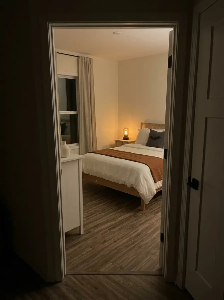 Small mobile-home bedroom softly repeats rust, charcoal, ivory, and warm amber tones from the home's Halloween decor without crowding the bed or floor.