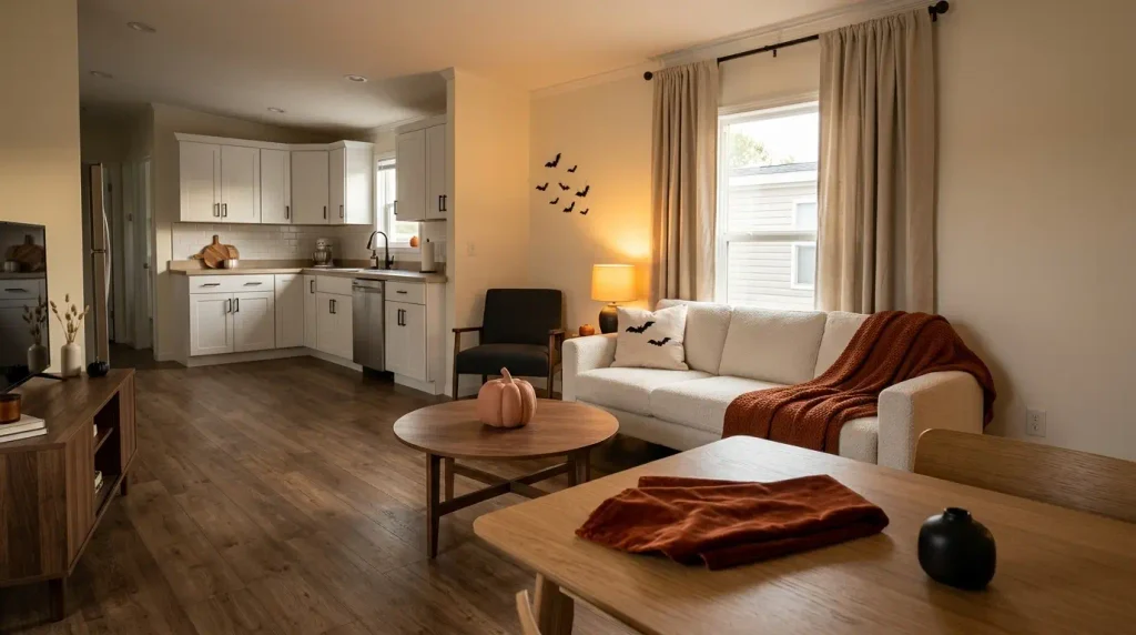 Cozy Halloween decor in a small mobile home with warm amber lighting, rust textiles, black accents, and minimal pumpkins while keeping the living and dining areas uncluttered.