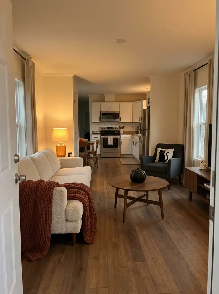 Cozy Halloween decor in a small mobile home living room using amber lighting, a rust knit throw, and one black pumpkin while keeping surfaces and pathways open.