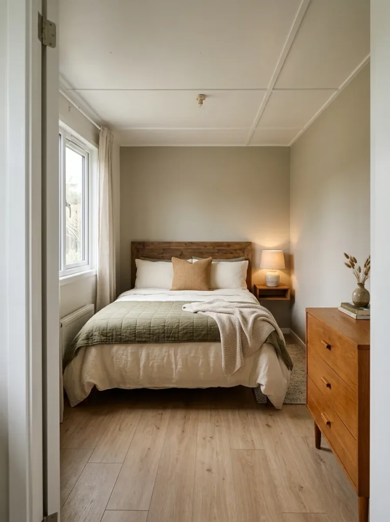 Cozy mobile home bedroom viewed from the doorway with a centered bed, dresser, window, and clear walking path.