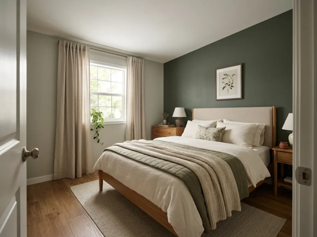 Cozy mobile home bedroom with layered bedding, warm wood furniture, soft curtains, and olive green accents.
