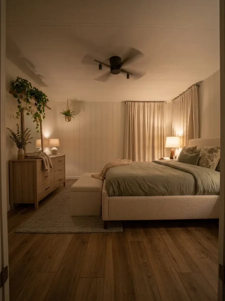 Finished cozy mobile home bedroom at night with layered bedding, warm lamps, clear floor space, and everyday bedside items.