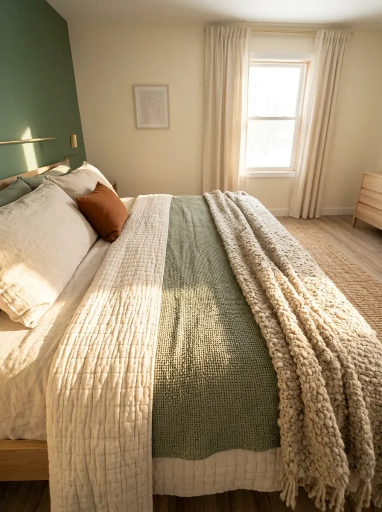 Layered quilts and woven bedding add warmth to a compact single-wide bedroom without adding more furniture.