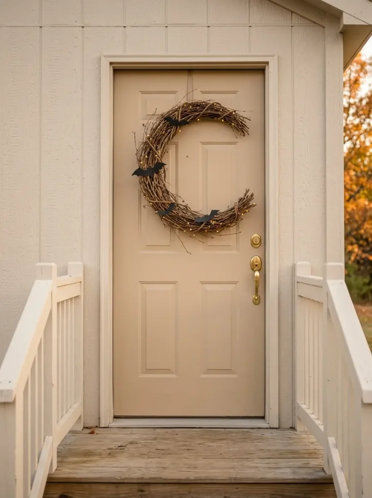 DIY crescent grapevine bat wreath with warm lights on a small mobile home front door.
