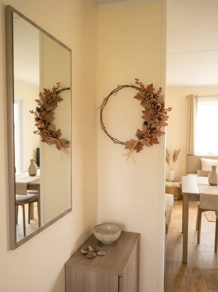 Asymmetrical crescent twig fall wreath beside a mirror in a compact mobile home with part of the connected room reflected.