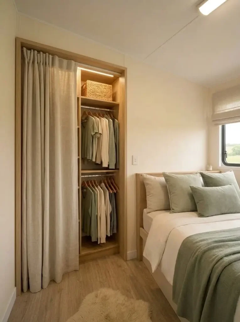 Soft curtain front on a compact mobile home bedroom closet freeing floor space beside the bed.