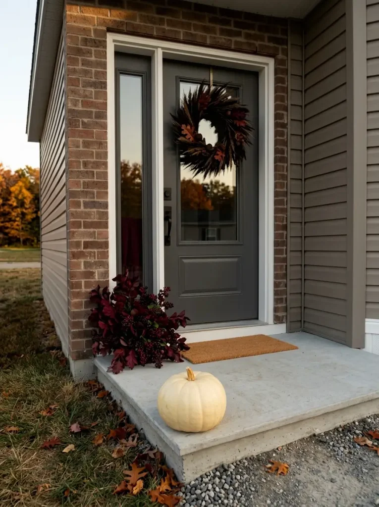 Dark mobile home front door with rust fall decor balanced by one cream pumpkin on the stoop.