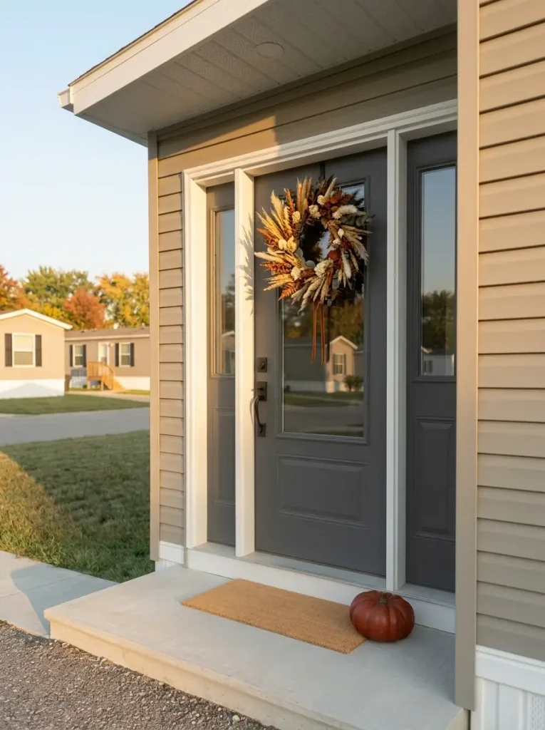 Dark mobile home front door with a contrasting wheat, cream and rust fall wreath and restrained matching accents.