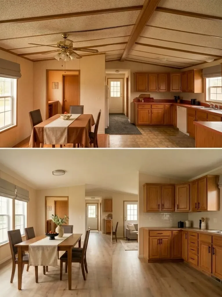 Mobile home living room before and after a visually busy ceiling and dated fixture are calmed so attention shifts back to the room below.