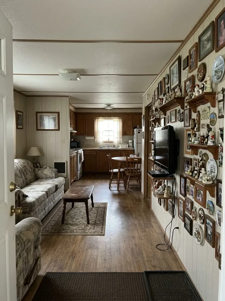 Main mobile home sightline showing a crowded TV wall making otherwise simple connected living and dining spaces feel dated.