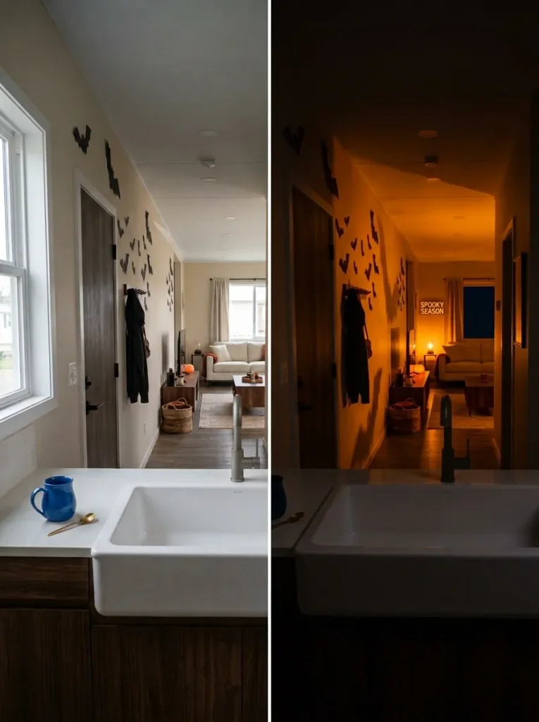 Matched daylight and nighttime views of the same Halloween-decorated mobile home used to compare focal points, lighting, and visual clutter.
